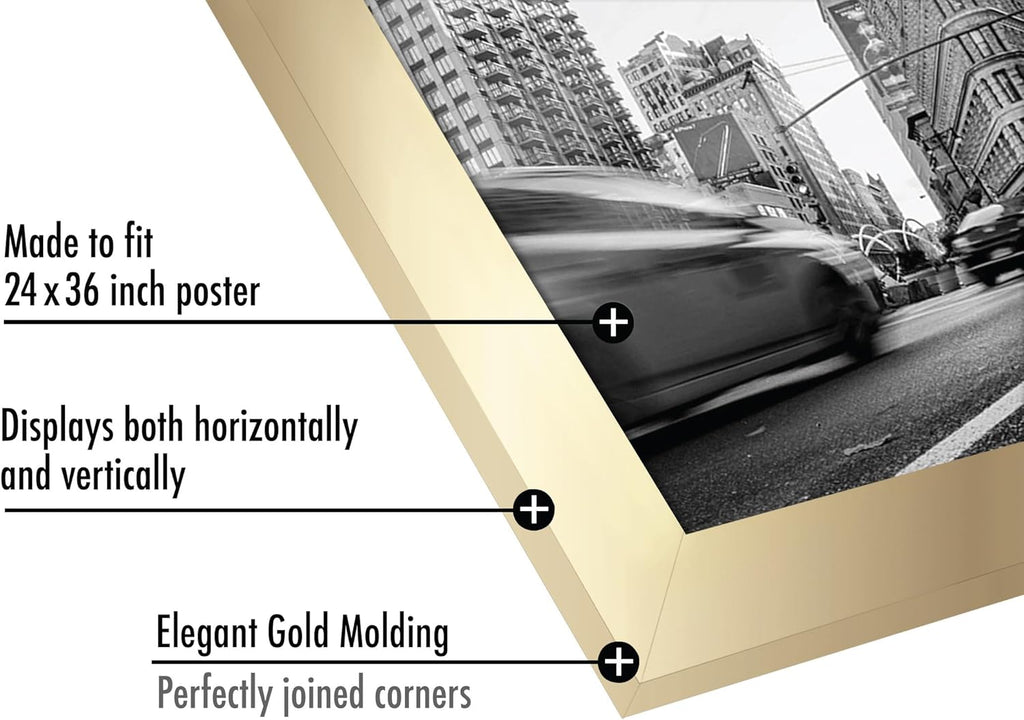 24x36 Poster Frame - Gold Engineered Wood with Polished Plexiglass - Wide Picture Frame for Vertical or Horizontal