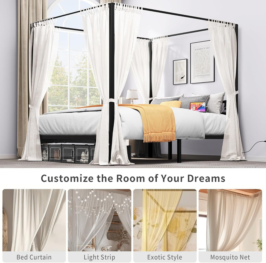Canopy Bed Frame, Four Poster Platform Bed w/USB Charging Station