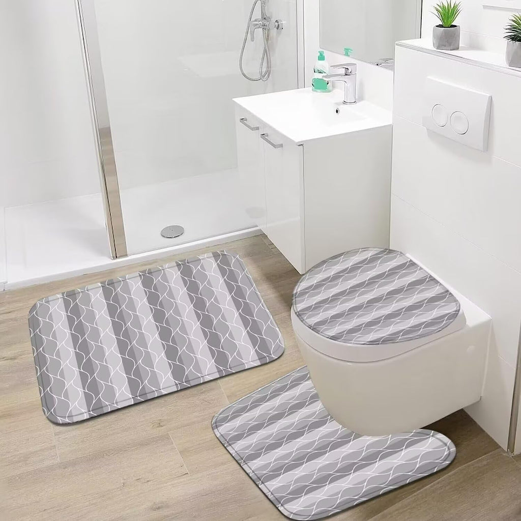 4Pcs Grey Wave Lines Set with Rugs Stripe Bathroom Set