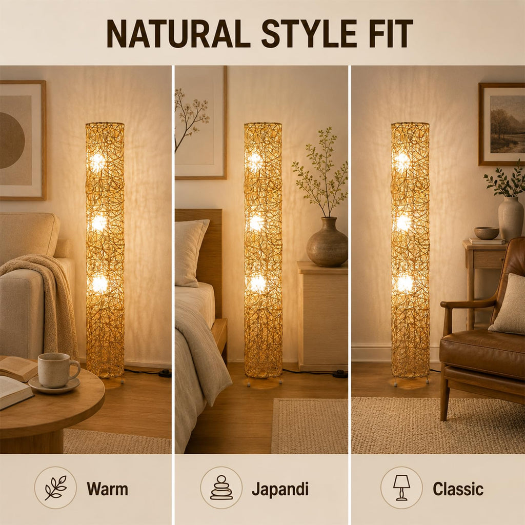 43in Boho Rattan Floor Lamp with 3 E26 LED Bulbs&3 Color Temperatures