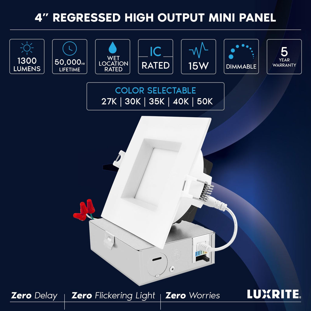 4 Inch Square LED Recessed Ceiling Light with Junction Box, 15W, 5CCT Selectable 2700K/3000K/3500K/4000K/5000K