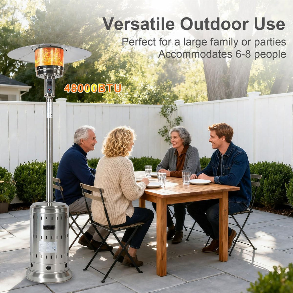 48,000 BTU Outdoor Patio Heater, Stainless Steel Propane Heater with Wheels & Safety Shut-Off, Commercial &