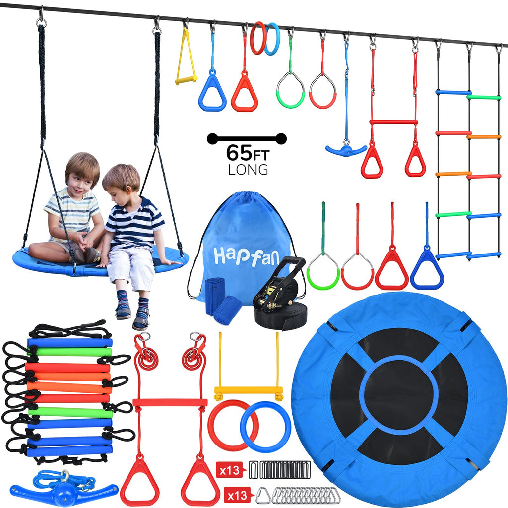 65 ft Ninja Warrior Obstacle Course for Kids with Saucer Tree Swing