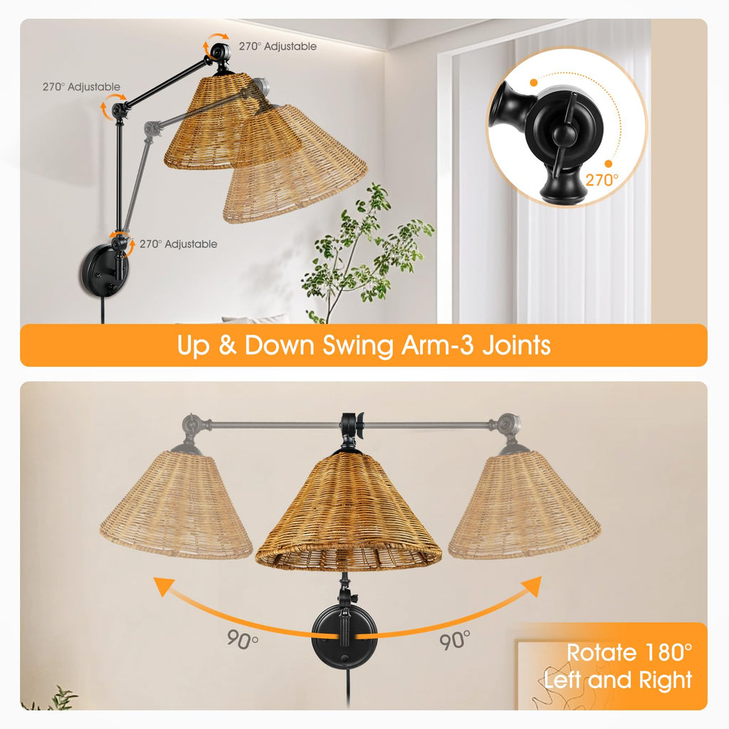 Rattan Plug in Wall Sconce Set, Plug in Cord and Dimmer