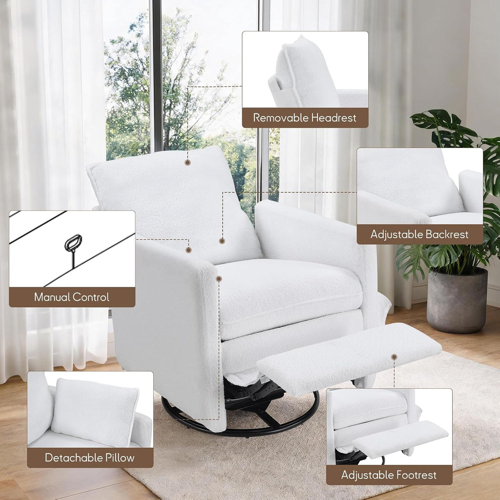 Swivel Rocker Recliner Chair, Teddy Upholstered Nursery Glider Chair, Manual Reclining Chair with Two Removable