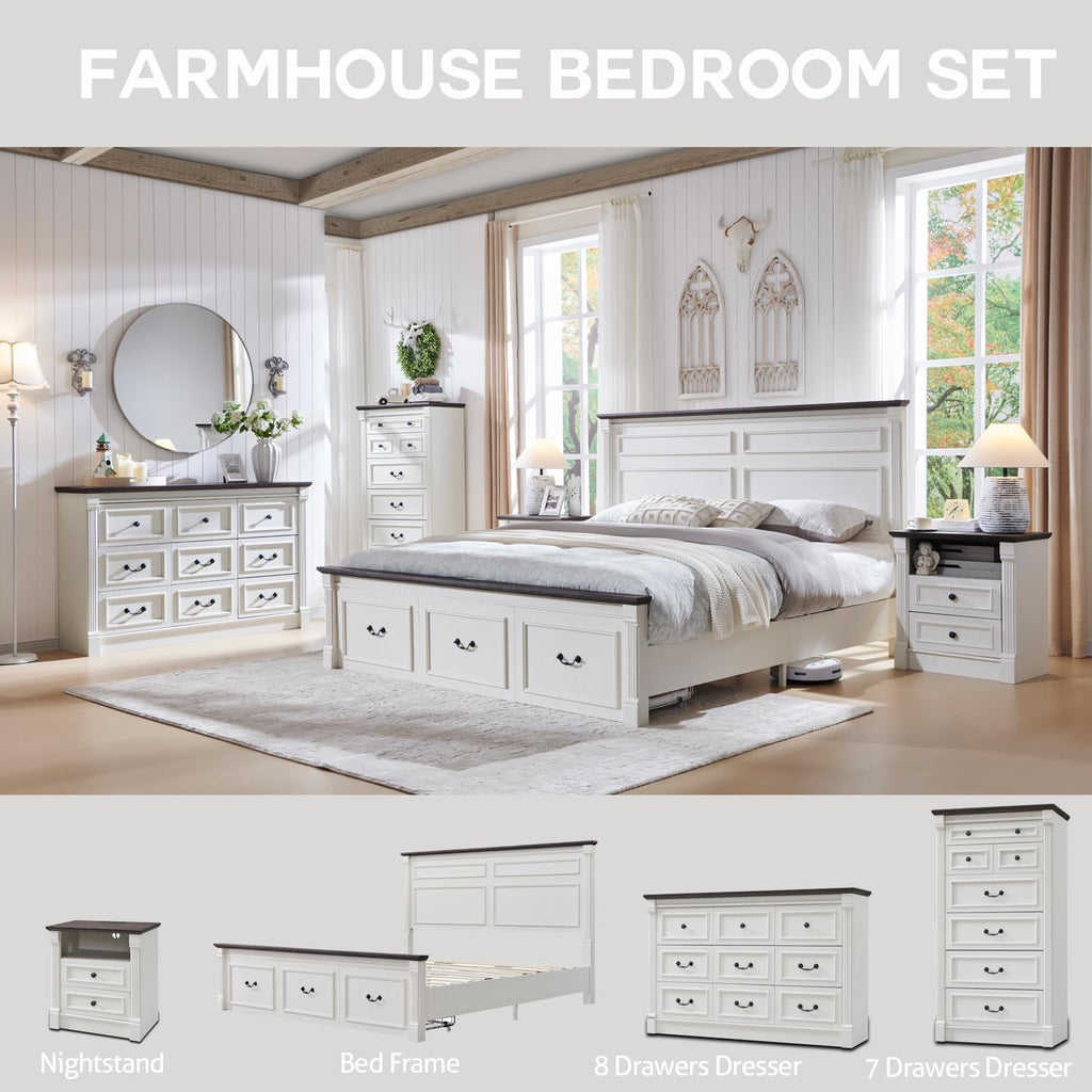 Farmhouse King Bed Frame with 51" Tall Headboard, Wood Platform Bed Frame with 20" Tall Roman Column Decoration