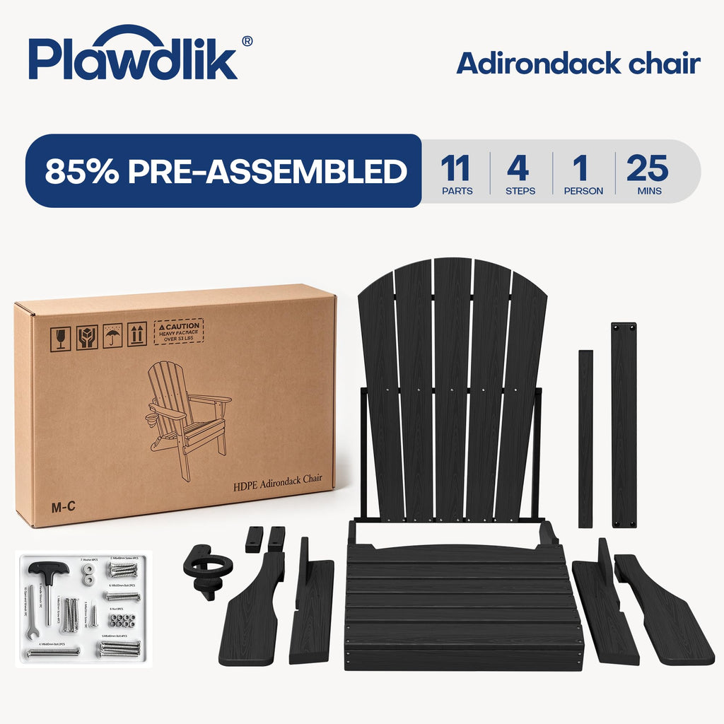 HDPE Folding Adirondack Chair Set of 3 with Cup Holder, Black
