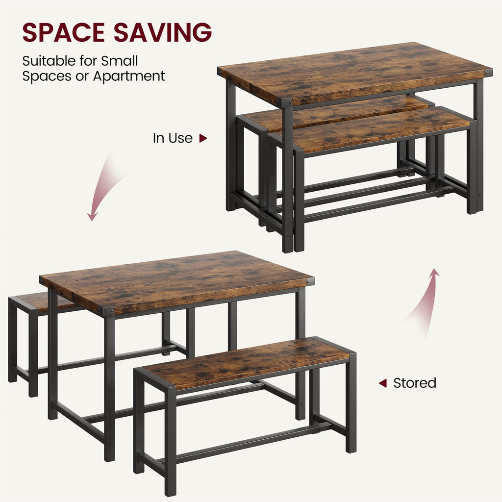 Dining Table Set for 4, Kitchen Table with 2 Metal Wood Benches, Rectangular Room Dining Table Set, 3 Piece Bench