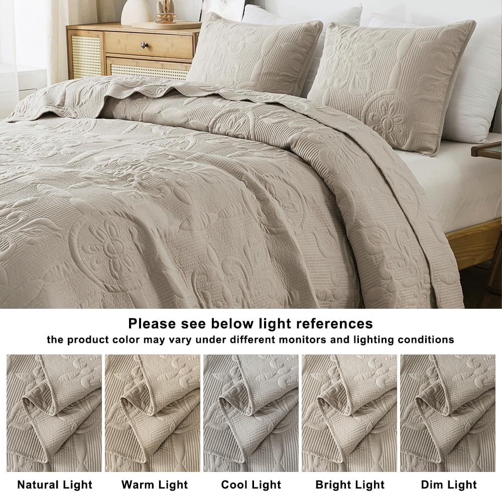 Beige Damask Quilt King Bedding Sets with 2 Pillow Shams, Boho Bedspread Lightweight Soft Farmhouse Vintage Bohemian