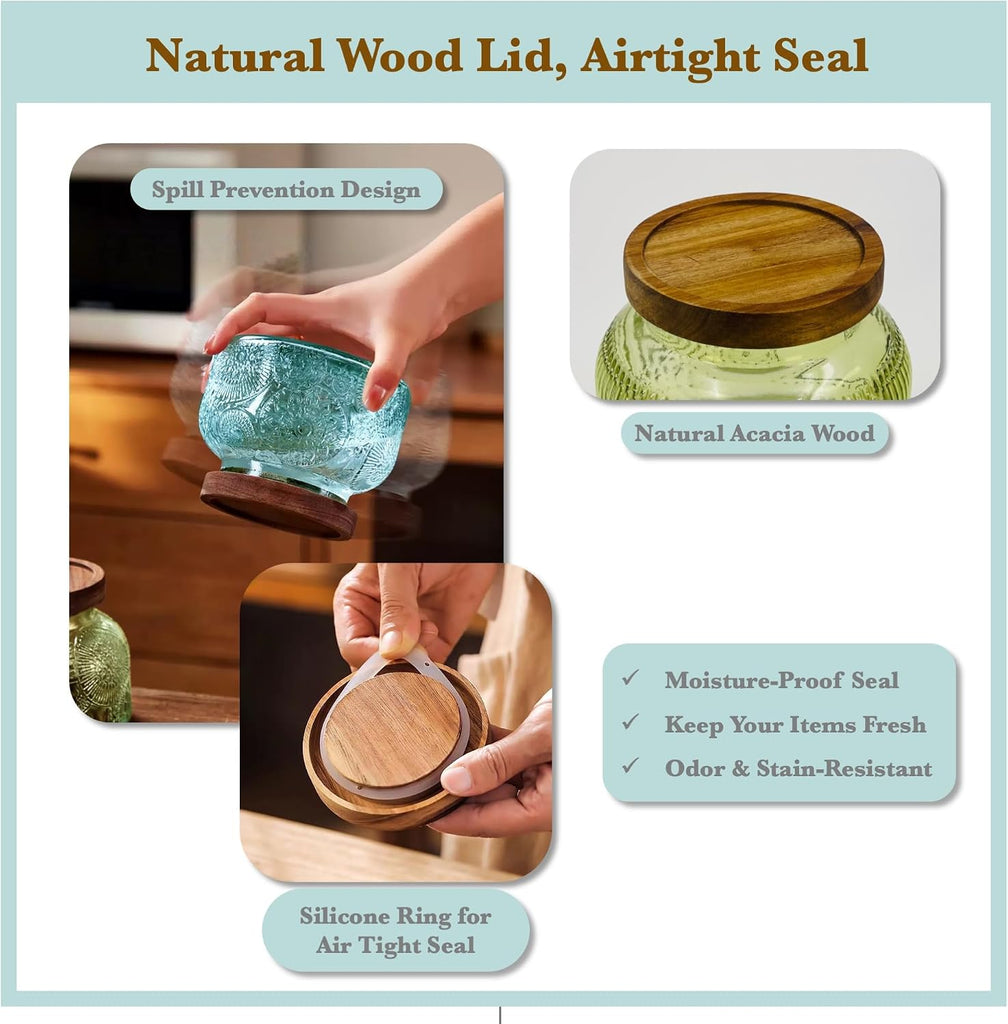 Decorative Blue Embossed Glass Jar with Airtight Wooden Lid, 25.4 fl. oz