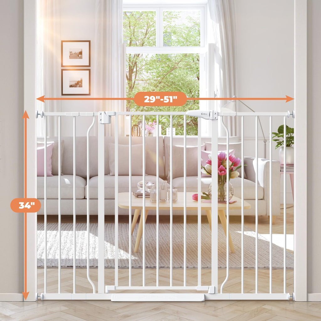 34" Tall Baby Gate No Drilling, Auto Close Dog Gate Indoor, White