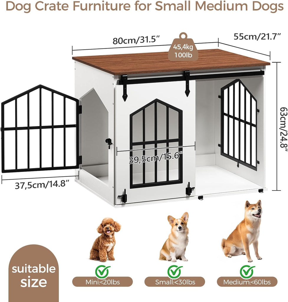 Dog Crate Furniture, Farmhouse Dog Kennel with Sliding Barn Door, Wooden Dog Cage for Small Medium Dogs