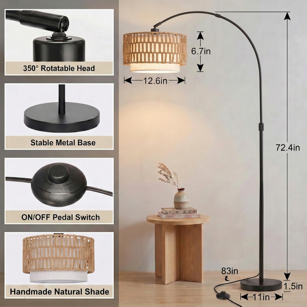Arc Floor Lamp with 12W Bulb, 61.5"-71.5" Height Adjustable Rattan Floor Lamps with 3 Color Temps, Farmhouse Arched