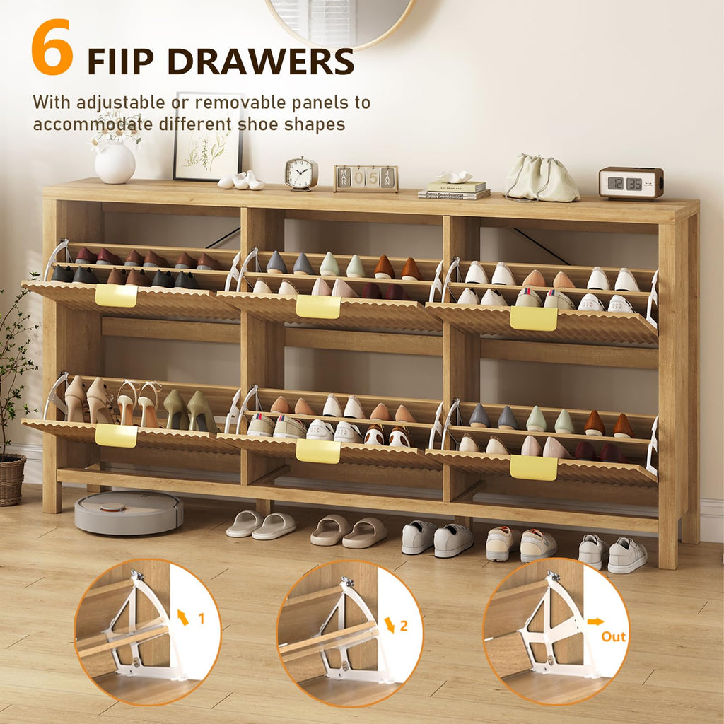 63" Shoe Cabinet Storage, Fluted Shoe Cabinet with 6 Flip Drawers, Hidden Shoe Rack Freestanding Wooden Shoe