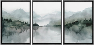 Framed Wall Art Print Set Misty Mountain Lake Watercolor Serene Illustrations Modern Art Boho Decorative Colorful