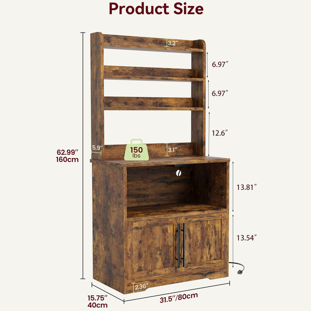 Bakers Rack With Storage Cabinet, Microwave Stand With Power Outlets, Farmhouse Bakers Rack With Thick Table Top