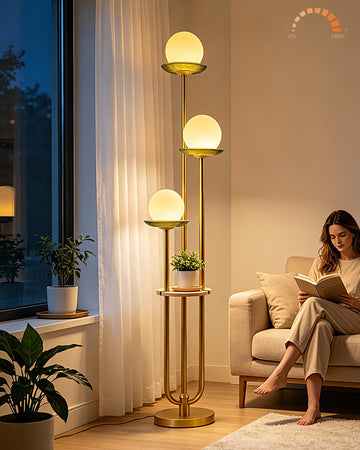 Floor Lamp Dimmable with Green Glass Tray Gold Floor Lamp