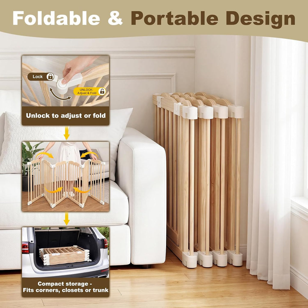 Foldable Wooden Baby Playpen, Pre-Assembled Pine Wood Play Pen, 60x60x24in | Adjustable Shape & Size Large Baby Fence