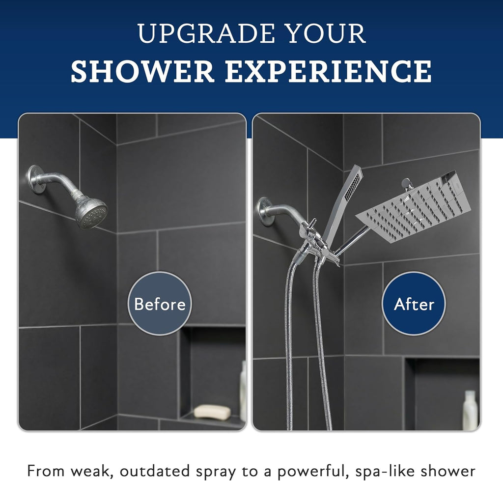 All Metal 8 Inch Dual Square Shower Head with Handheld Spray Combo, Rain Shower Head, Adjustable Extension Arm