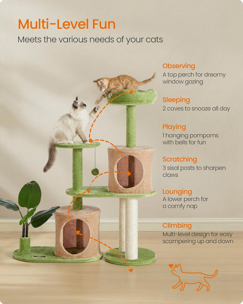 Cat Tree, 42.9-Inch Multi-Level Plush Cat Tower, Artificial Leaves