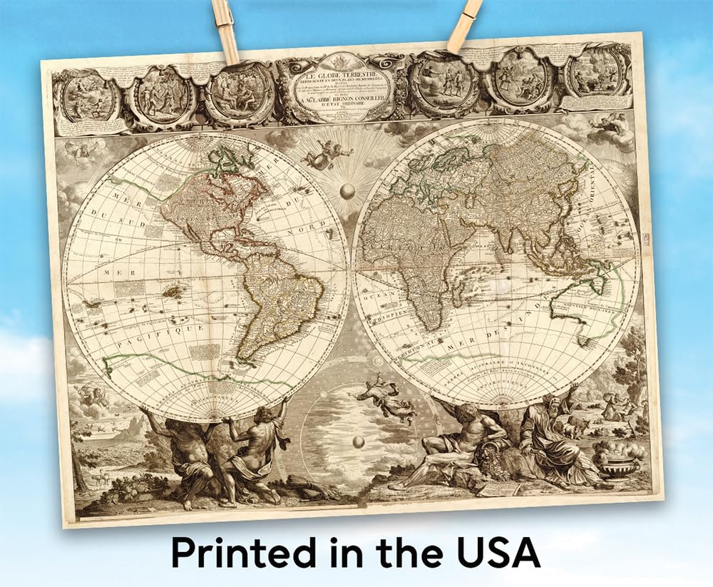 Le Globe Terrestre 28x36 Stretched Canvas Poster - Ready to Hang Vintage Double Hemisphere World Map Reproduction