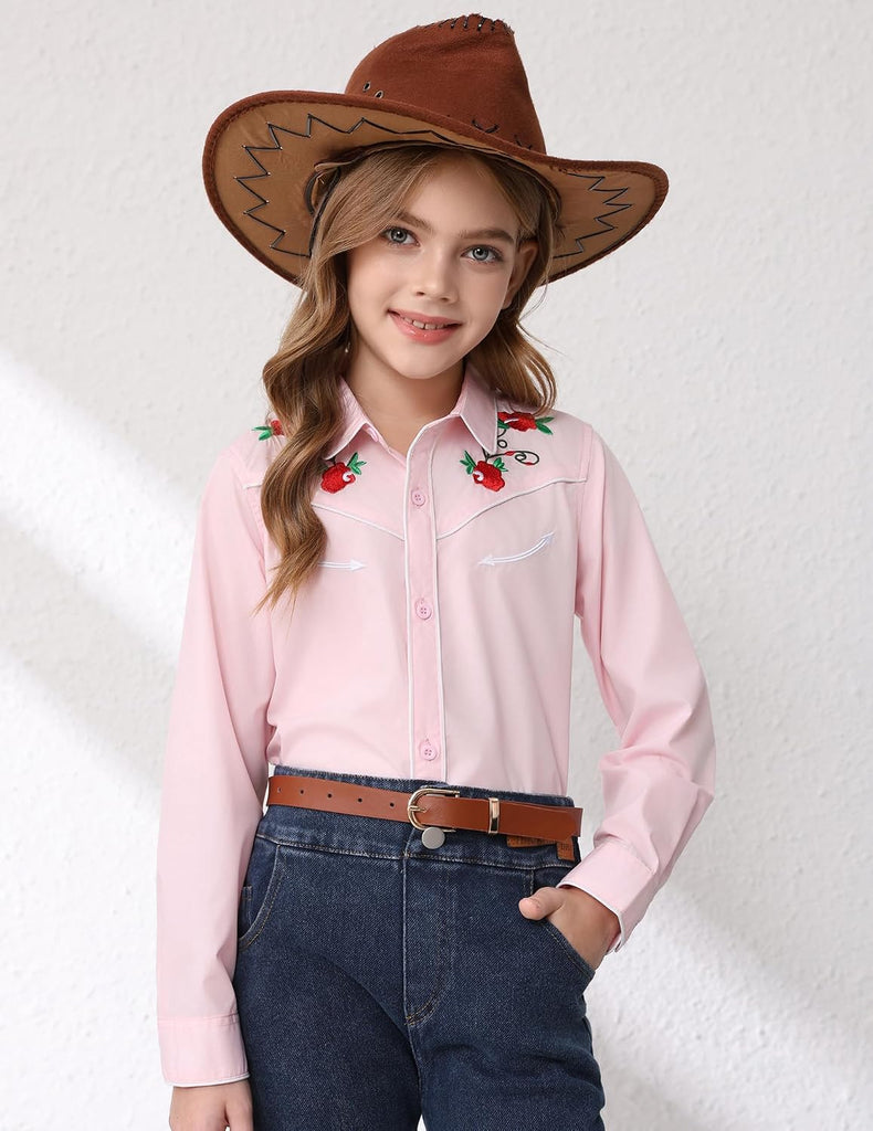 Girls Western Cowgirl Shirt Long Sleeve Retro Floral Embroidered Collared Button Down Blouse Tops for Country Outfit