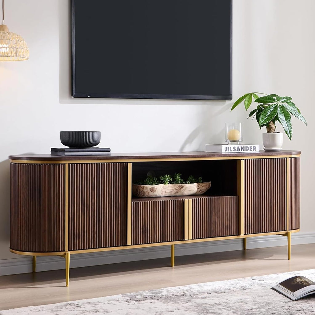 70" Fluted TV Stand with Storage, Faux Marble Top Entertainment Center for TVs Up to 80", Modern Curved Edge Media
