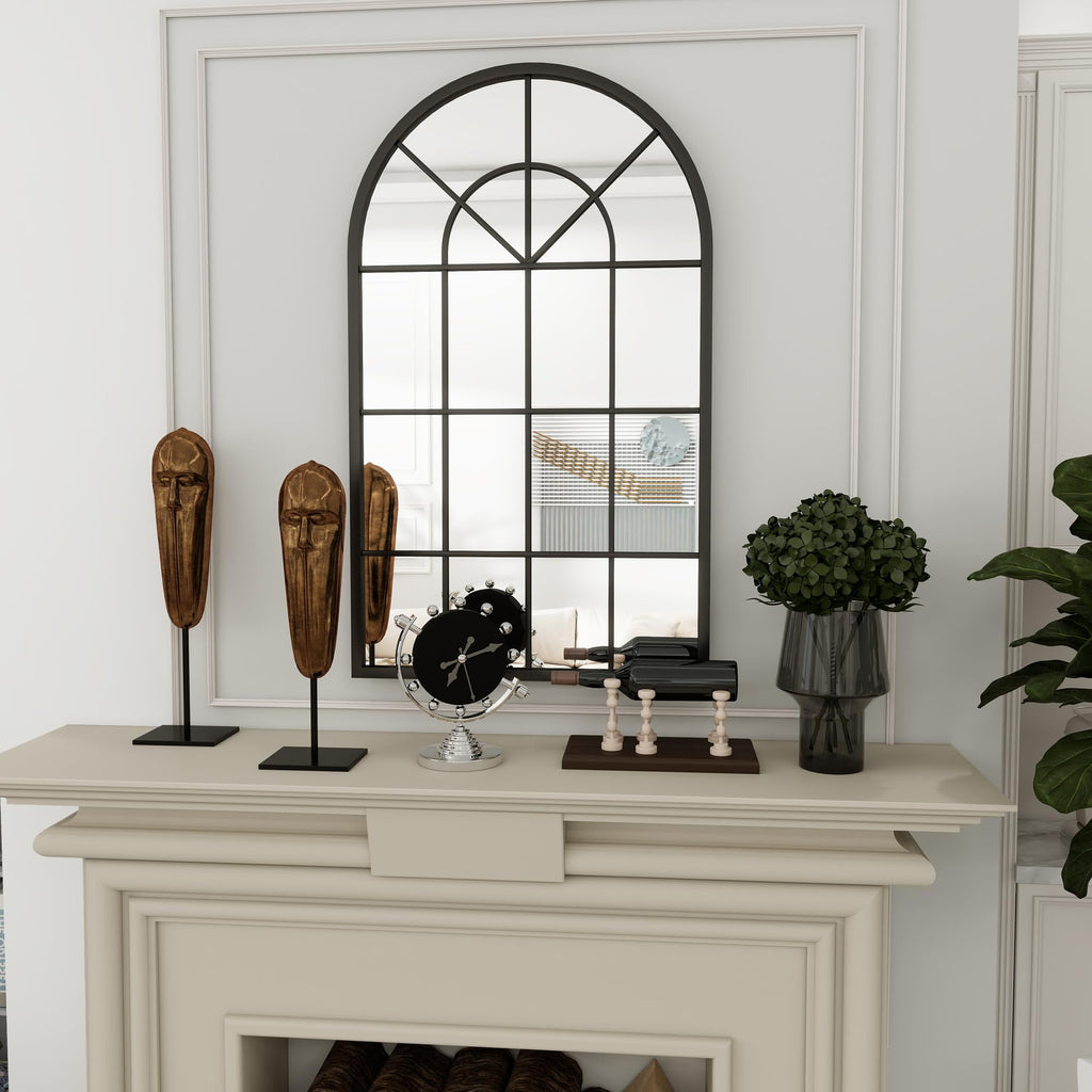 Arched Window Wall Mirror, 42"x24" Windowpane Mirror, Black