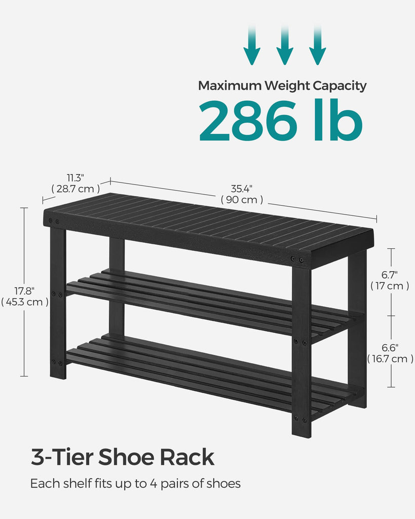 Shoe Rack Bench, 3-Tier Bamboo Entryway Bench, 35.2 Inches Width