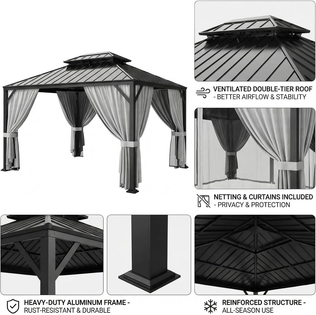 12'x10' Hardtop Gazebo, Update Aluminum Frame Gazebo with Galvanized Steel Double Roof