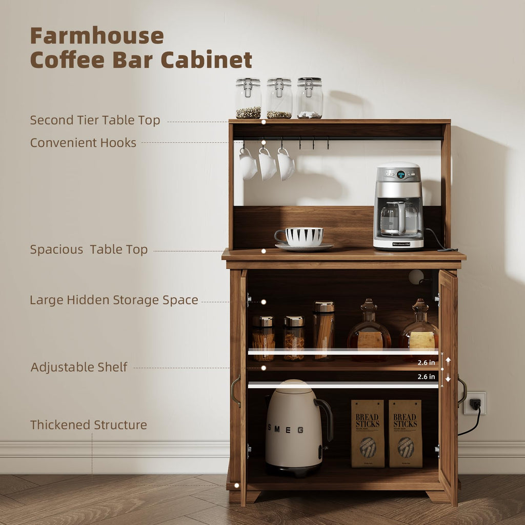 Coffee Bar Cabinet with Storage and Charging Station, Walnut