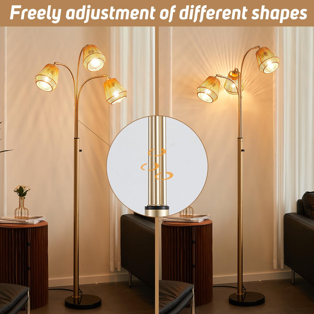 Gold Rattan Floor Lamp, 72'' 3-Light Boho Lamp