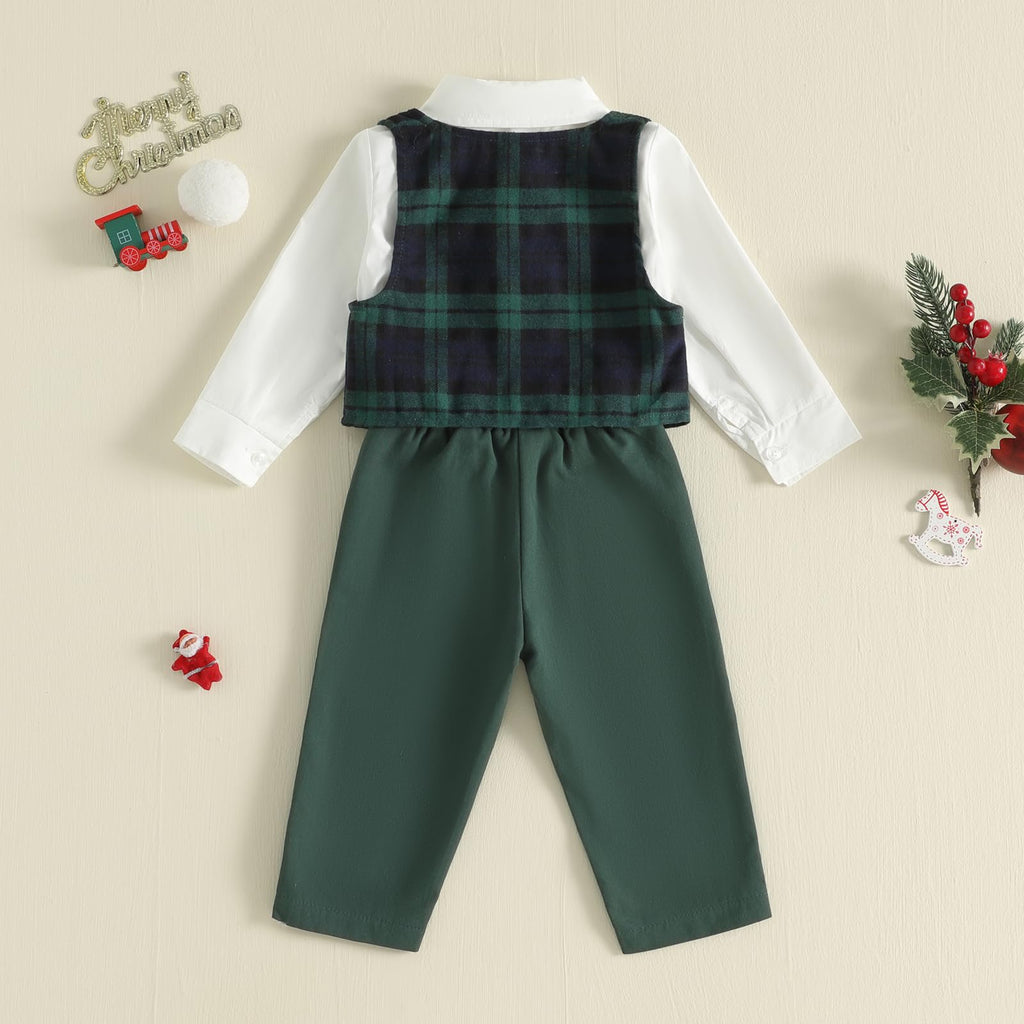 Toddler Boy Suit Christmas Gentleman Outfit Bow Tie Plaid Vest Button Down Shirt Elastic Pants Xmas Formal Outfits