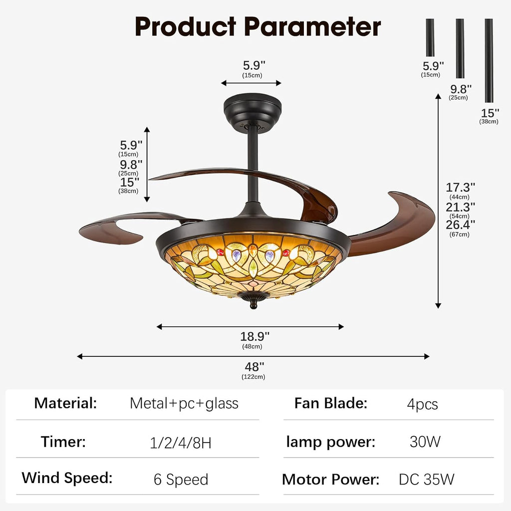 48" Tiffany Retractable Ceiling Fan with Light - (Gem Art, Black)