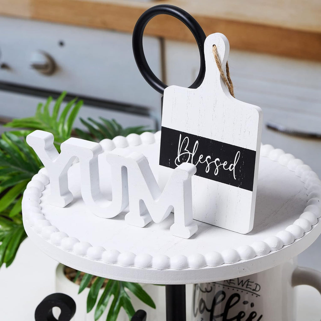 GENMOUS Farmhouse Kitchen Tiered Tray Decor Items Mini Set, Rustic Black and White Kitchen Counter Decor, Two Tiered - Set of 4