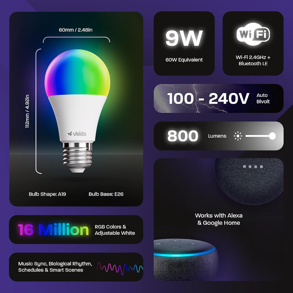 Smart LED Light Bulb, 9W (60W), Tunable White, Dimmable, Music Sync, 16 Million Colors, WiFi+Bluetooth, Compatible