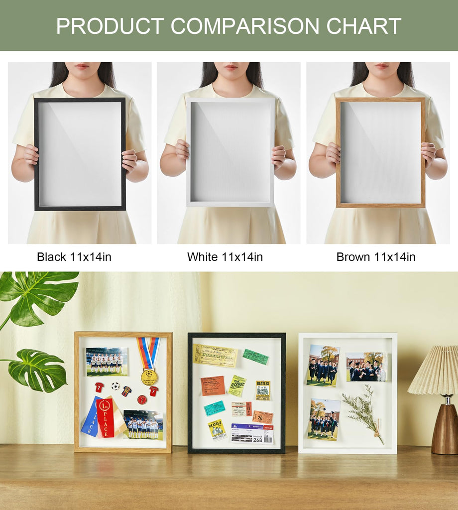 11x14 Shadow Box Frame with Shatterproof Clear Glass & Push Pins