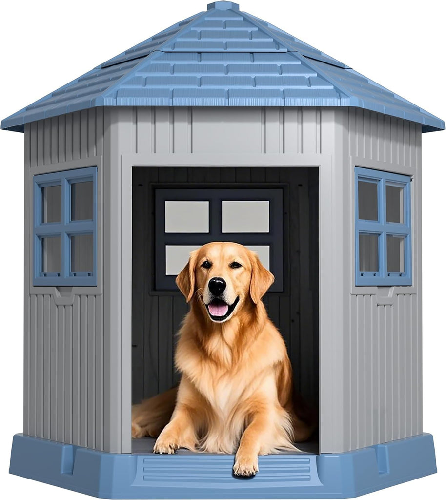 Dog House Indoor Outdoor Durable Large Dog Shelter with Outside Dog Kennel with Window and Elevated Floor for Small