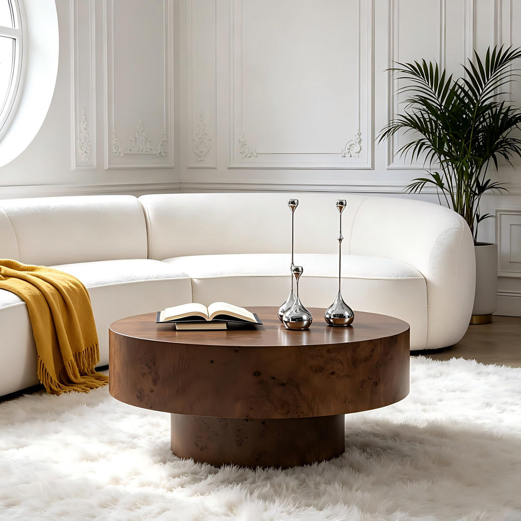 Round Coffee Table Wood, Modern Drum Burl Low Short Coffee Tables 31.49" W X 13.77''h Mid Century Wooden Pedestal