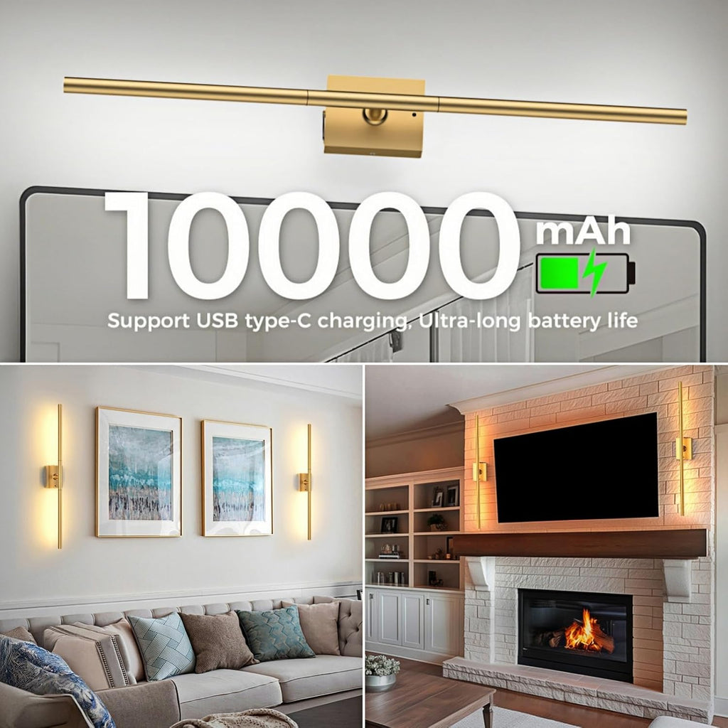 Battery Operated Wall Sconces Set of Two: Dimmable Wireless Wall Lights with Remote, 31-inch LED Rechargeable