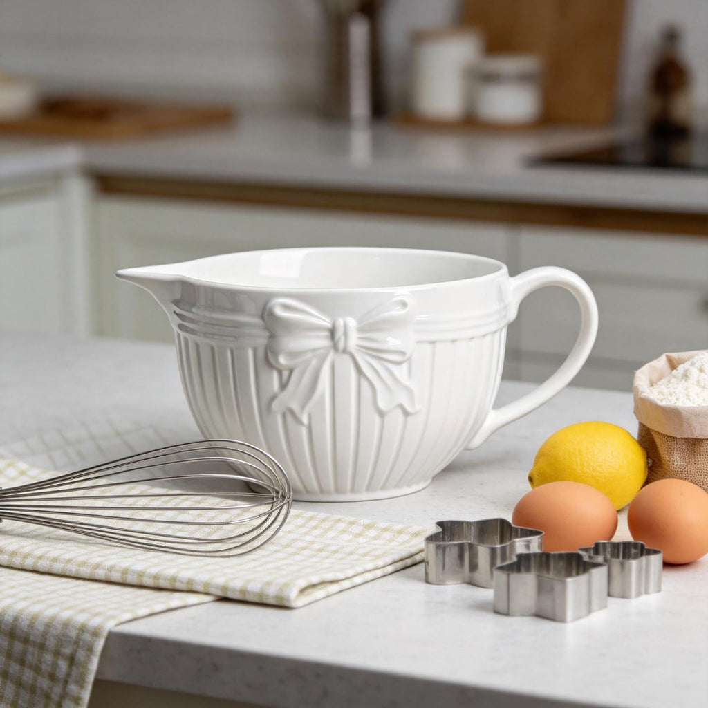 Bow Embossed Ceramic Mixing Bowl, 1 Quart Batter Bowl, with Pouring Spout and Handle, White