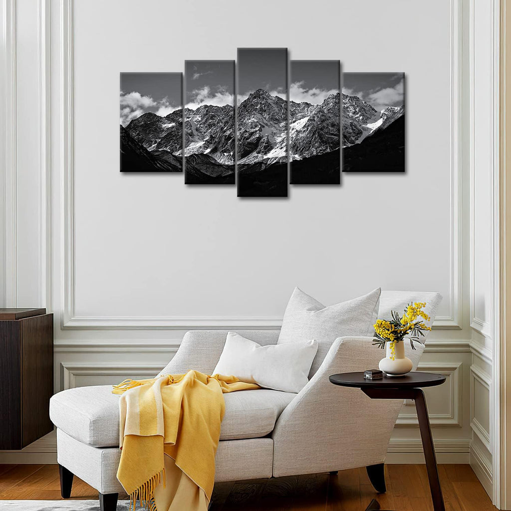 Canvas Wall Art Mountain Black and White Snow Mountain Landscape Picture 5 Pieces Prints On Canvas Modern Giclee
