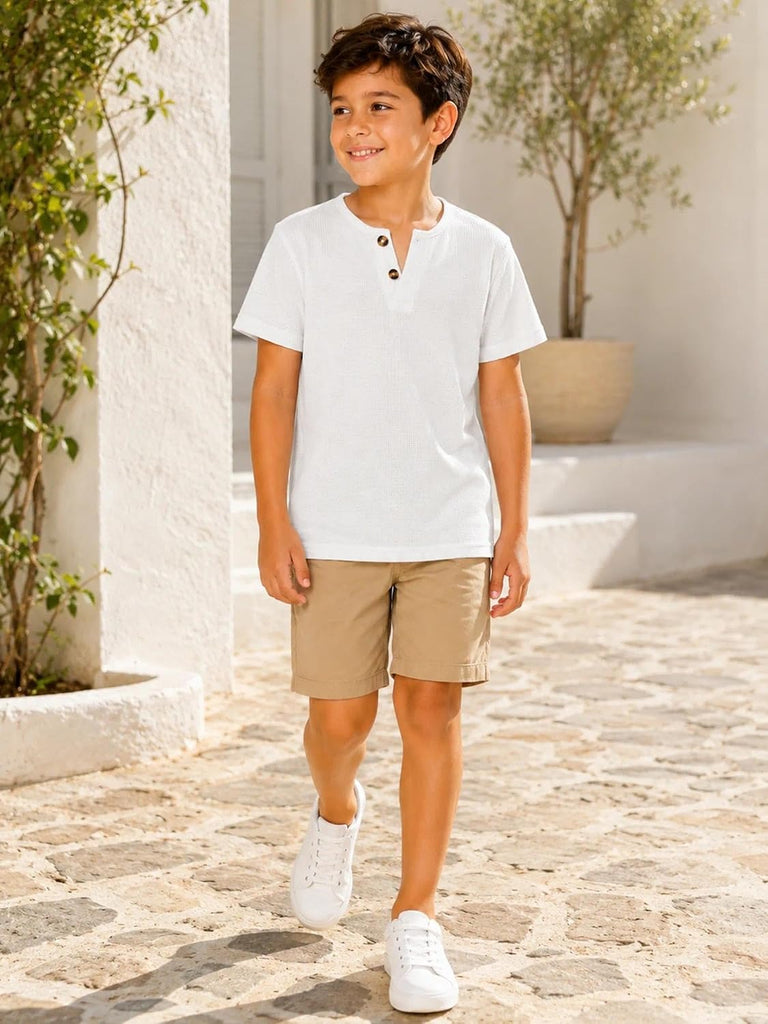 Boys Waffle Knit Henley Shirt Short Sleeve Textured Summer Tee Tops