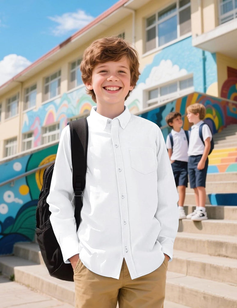 Boys Long Sleeve Dress Shirts Button Down Uniform Shirt with Pocket
