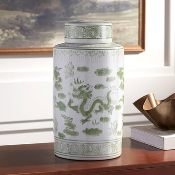 Sansui 15 3/4"H Green and White Cottage Core Ceramic Ginger Jar with Lid