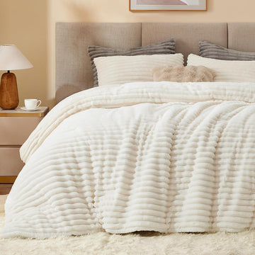 Fleece Comforter Set-Super Soft & Warm Fluffy Cream White Bedding