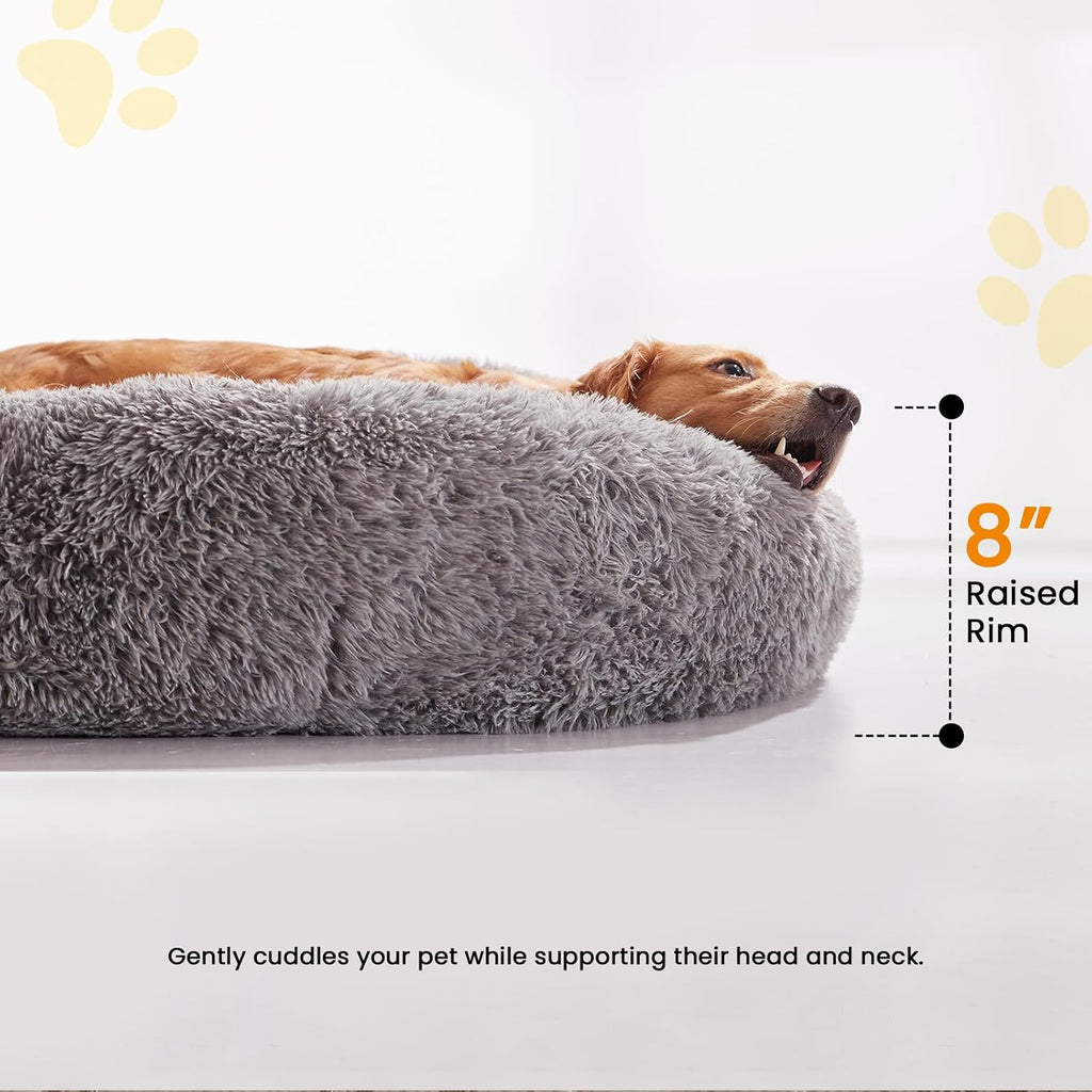 Calming Dog Beds for Large Dogs, Faux Fur Donut Cuddler Dog Bed, Round Fluffy Pillow, Washable Pet Bed for Dogs Up to