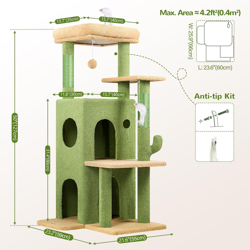 Cactus Cat Tree Tower for Indoor Cats Large Adult, Green