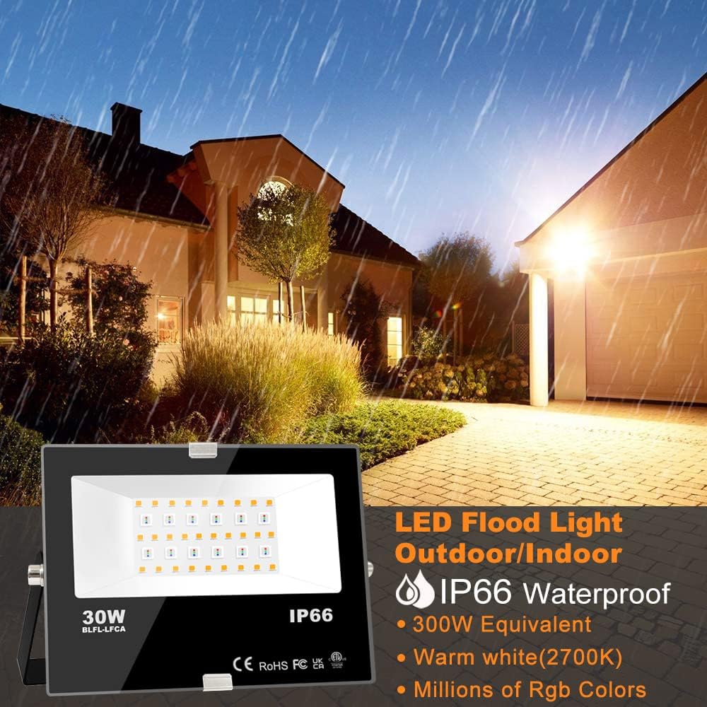 LED Flood Light Outdoor 30W, 300W Equivalent Smart RGB Landscape Lighting | APP Control -DIY Scenes -Timing - Warm