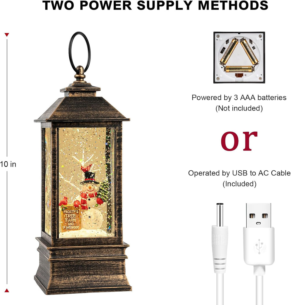 Christmas Snow Globe Water Glittering Farm Snowman with Music & Timer, USB Lined/Battery Operated Lighted Lantern